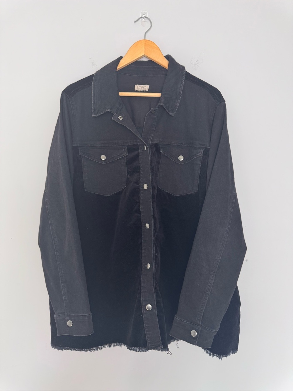LOGO by Lori Goldstein Black Denim & Corduroy Velvet Shacket Raw Hem Snap Front